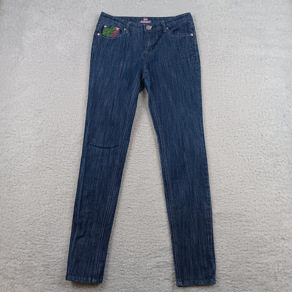 Miss Jeanlest Skinny Jeans Women 7 Blue Neon Zebra Embroidery Low Rise